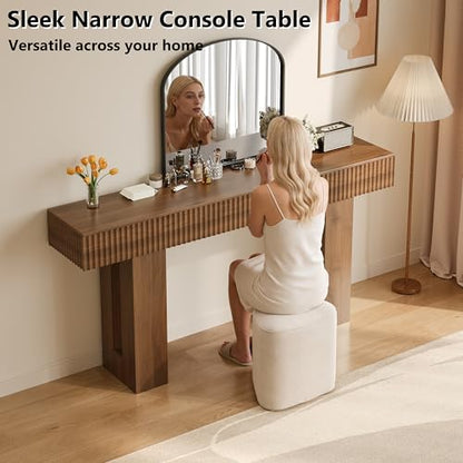 63-Inch Long Entryway Console Table with a Fluted Design, Thick Wood Farmhouse Sofa Table Behind Couch, Narrow Hallway Accent Table for Living Room, Foyer, Entrance,Modern Walnut - color: Walnut, size: 63 Inch