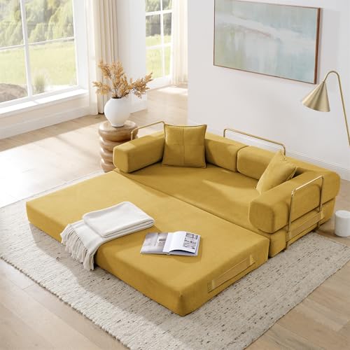 4-in-1 Folding Convertible Sofa Bed, 78 Inch Boneless Couch with Fixed-Shape Frame, Corduroy Loveseat Sleeper with Pull Out Bed, Floor Sofa Modular Futon Couch for Living Room Bedroom Lounge (Yellow) - color: Yellow