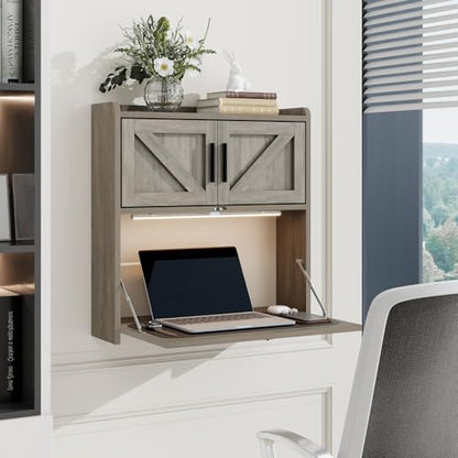 ARTETHYS Wall Mounted Desk Folding with Light Drop Down Hanging Desk,Gray | Multifunctional Fold Down Laptop Computer Table, Writing Workstation with Storage Compartments, Space Saving for Home - color: Grey