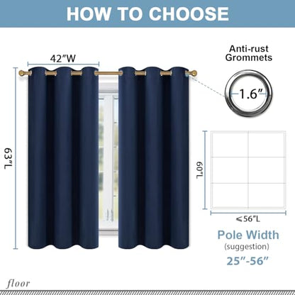 Diraysid Navy Blue Grommet Blackout Curtains for Bedroom Thermal Insulated Room Darkening Curtains Drapes, 42"x 63", 2 Panels - color: Navy Blue, size: 42"W x 63"L (Pack of 2)