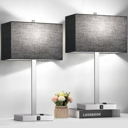 21" Touch Bedside lamps with 2 USB & AC Outlets, 3-Way Dimmable Bedside Table Lamps Set of 2 for Bedroom Living Room Office Reading, Black Shade Lamps for Night Stands, 5000K LED Bulbs Included - color: (2 Pack)-Black Linen& Brushed Nickel(Base)-5000K Bul