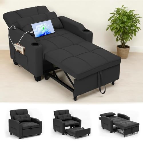 Sleeper Chair Pull Out Bed, 4 in 1 Convertible Sofa Chair Bed with Vibration Massage Lumbar Pillow, Single Sofa Recliner with USB/Type-C Port, Cup Holders and Side Pocket for Small Spaces (Black) - color: Black