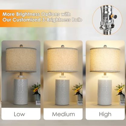 JUNNAI White Ceramic Table Lamp with Beige Shade: 3-Way Dimmable Night Stand Light Lamp 24.5" Modern Table Lamps for Living Room Bedroom End Table Office Entryway Lamps (Bulb Included - color: Beige Lampshade