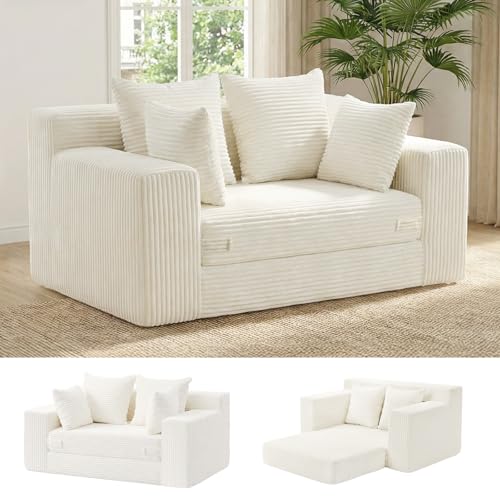 cidludto Convertible Sofa Bed, Boneless Couch 2 in 1 Loveseat Folding Couch Bed Foldable, Boneless Chair Bed & Futon Sofa, Small Couch Corduroy Pull Out Sofa with 4 Pillows for Living Room, Beige - color: Beige, size: Loveseat-55''