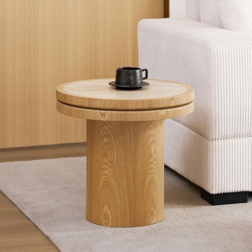 19.49 Round Side Table with Sintered Stone Tabletop & Sturdy Base, Modern MDF Circle Small Coffee Table Double Layer Tabletop End Table for Living Room, Easy Assembly - Natural - color: 19.49" Side Table With Sintered Tabletop,natural