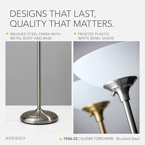 Adesso Dual-Socket Floor Lamp, Brushed Steel & White, 3-Way, 71” - color: Brushed Steel