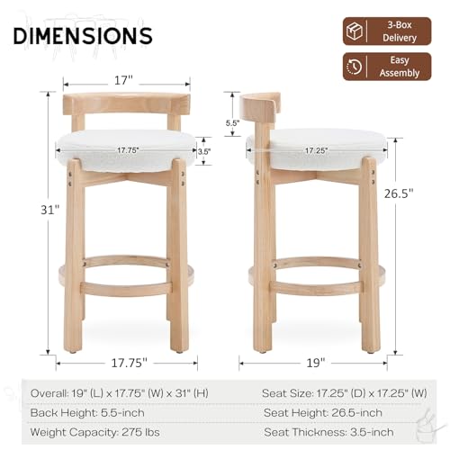 HEAH-YO Mid Century Modern Sherpa Bar Stools Set of 6, 26.5" Counter Stools with Back, Boucle Upholstered Barstools with Solid Wood Legs Bar Chairs for Kitchen Island Dining Room, White - color: 26.5" White Sherpa, size: Counter Height - Set of 6