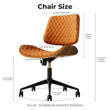 Armless Desk Chair with Wheels, PU Leather Rolling Office Chair, Adjustable Height Mid Back Computer Chair, Ergonomic Walnut Curved Seat, 360° Swivel Home Office Chair for Small Spaces (All-Orange) - color: All-orange