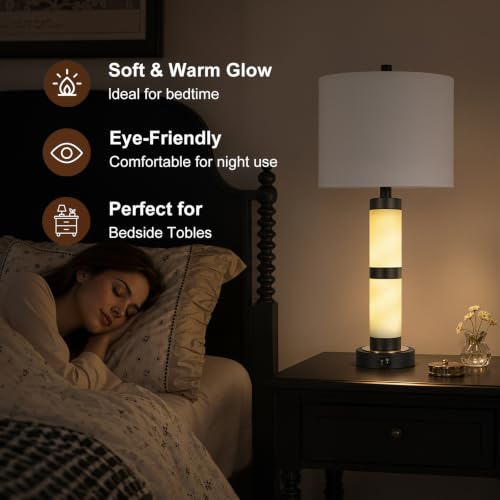 KIVDITZO Alabaster Table Lamps Set of 2 with Night Light with USB A&C Ports | Nightstand Lamp, USB Ports, Alabaster Night Light, Modern Bedside Table Lamp, Bulbs Included, for Bedroom Living Room Office - color: Pure White
