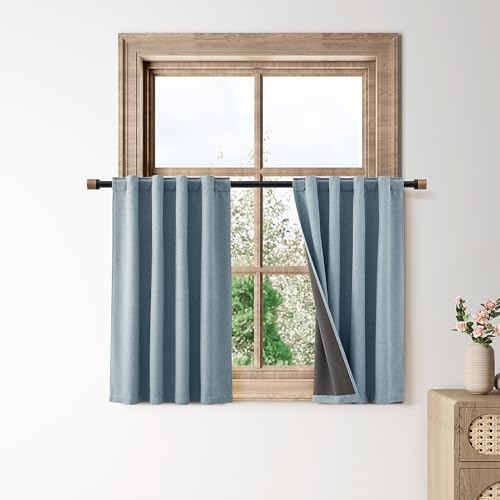 100% Blackout Kitchen Linen Curtains Back Tab 30 Inch Length Privacy Elegant Mini Cafe Curtain for Rustic Farmhouse Bathroom Thermal Insulated Bedroom Small Drape Over Sink Blue 26x30 - color: Blue, size: 26"W x 30"L (Pack of 2)