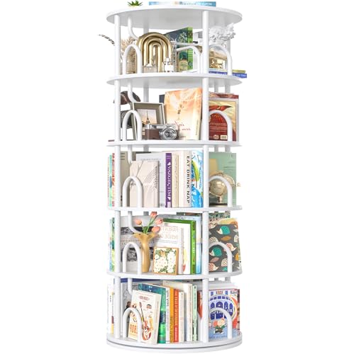 Aheaplus 5 Tier Rotating Bookshelf Tower, 360 Display Spinning Bookcase, Revolving Round Book Shelf Narrow Swivel Bookshelf, Vertical Turning Spiral Corner Book Organizer for Small Space, White - color: White, size: 5 Tier, 63" H