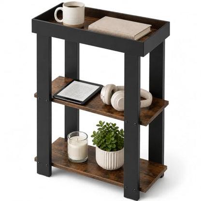 3-Tier Narrow Side Table with Tray Top,Slim Side Table,Rustic Brown | Rustic Farmhouse Narrow End Table with Storage, Modern Slim Table Nightstand for Small Spaces, Bedroom or Living Room - color: Rustic Brown