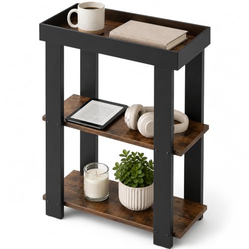 3-Tier Narrow Side Table with Tray Top,Slim Side Table,Rustic Brown | Rustic Farmhouse Narrow End Table with Storage, Modern Slim Table Nightstand for Small Spaces, Bedroom or Living Room - color: Rustic Brown