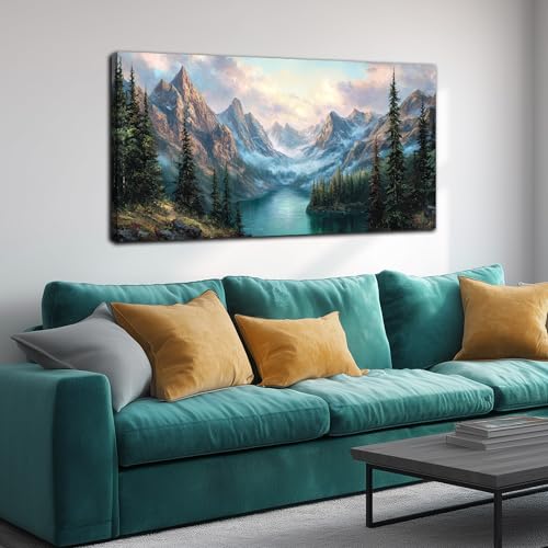 MXUNYZ Green Pine Tree River Mountains Canvas Wall Art for Living Room | 48x24 Inch Bedroom Wall Decor, Modern Print Nature Landscape Painting, Picture for Living Room,Home Office Decoration - color: Blue Green, size: 48"L x 24"W