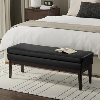 SIMPLIHOME Carlson 45" Wide Vegan Leather Rectangle Ottoman in Black | Distressed black, mid-century modern ottoman bench with a padded seat for bedroom or living room; footstool, footrest. - color: Distressed Black, style: Ottoman Bench