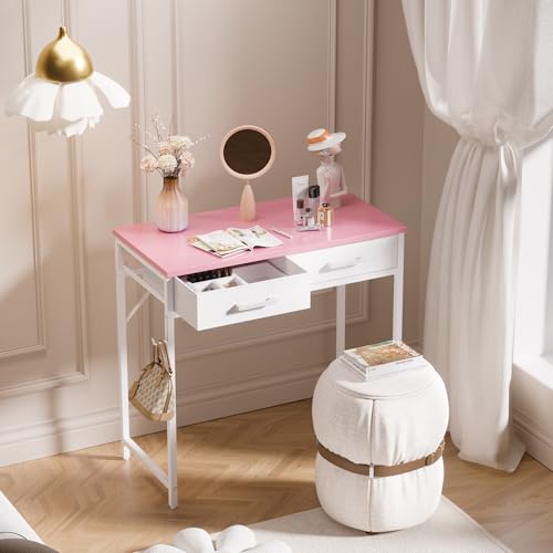Pamray 32 Inch Small Computer Desk with 2 Drawers for Bedroom Study Writing Home Office Table for Small Spaces Pink - color: Pink, size: 32 Inch