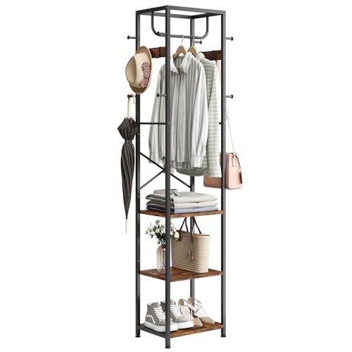 Coat Rack Freestanding, Hall Tree with 3 Shelves and 12 Hooks, Rustic Brown | Industrial Metal Frame, Space-Saving Design, Clothes Rack Stand Organizer for Bedroom, Hallway, Entryway, Office, Living Room - color: Rustic Brown