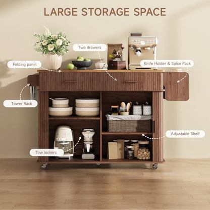 56" Kitchen Island on Wheels with Drop Leaf Countertop, Walnut | Large Mobile Island Table with 2 Drawers and Spice Rack and Tower Rack, Mid-Century Modern Island Cart w/ Storage for Kitchen - color: Walnut