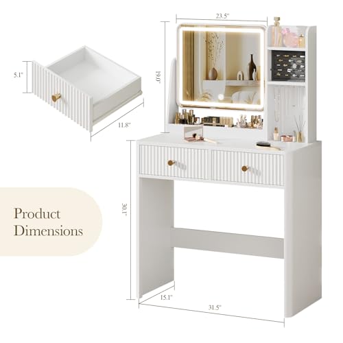 Fluted Makeup Vanity Desk with Mirror and Lights | Small Vanity with 3 Lighting Modes Adjustable Brightness, Jewelry Storage Cabinet and 2 Drawers, White - color: White