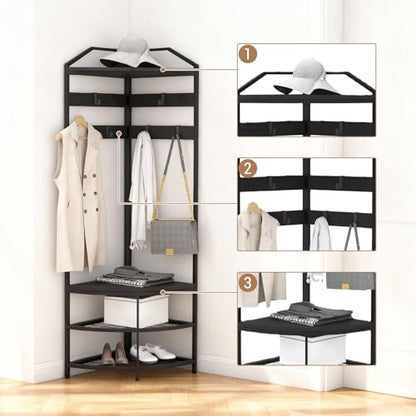 Black Freestanding Corner Coat Rack, Multi-use Metal Hall Tree with Mesh Storage Shelf, Anti-toppling Stable Clothes & Shoe Organizer for Entryway Bedroom Home Decor
