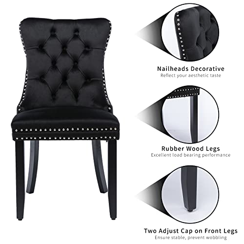 Black Velvet Dining Chairs Set of 2, Tufted Kitchen & Dining Room Chairs | Two Fabric Tufted Dinning Chairs, Velvet Upholstered, Wing Back, Metal Pull Ring, Wood Frame, Mid Century Modern - color: B-1 Black Velvet, Wood Legs, size: 2