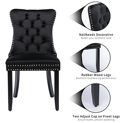 Black Velvet Dining Chairs Set of 2, Tufted Kitchen & Dining Room Chairs | Two Fabric Tufted Dinning Chairs, Velvet Upholstered, Wing Back, Metal Pull Ring, Wood Frame, Mid Century Modern - color: B-1 Black Velvet, Wood Legs, size: 2