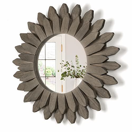 Farmhouse Wall Decor Mirror 12 inch Sunburst Boho Wood Mirror Rustic Home Decor Room Decoration for Bedroom Living Room Weathered Grey - color: Weathered Grey, size: 12 inch (1 pack)