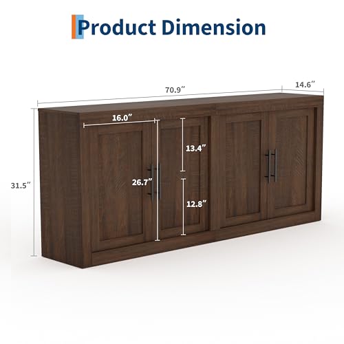 Garvee 70.8 in Sideboard Buffet Cabinet with Storage, Mid Century Modern Accent Cabinet with 4 Wooden Doors, Coffee Bar Credenza for Living Room, Dining Room, Hallway, Brownish Red - color: Brownish Red, size: 4 Wooden Doors