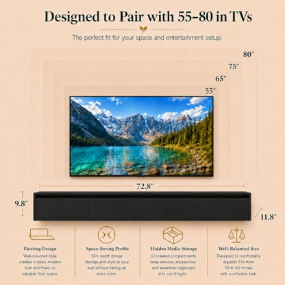 Black Floating TV Stand Wall Mounted, 72.8" Media Console | Fits Up to 80* TV, Black finish, midcentury modern tv stand. - color: Black-c