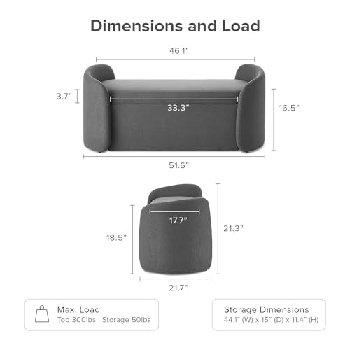 mopio Sophie 51" Ottoman Storage Bench, Entryway and Window Seating, End of Bed Curved Stool for King & Queen Bed, Storage Chest for Bedroom (Dark Gray Fabric) - color: Dark Gray Fabric, Curved