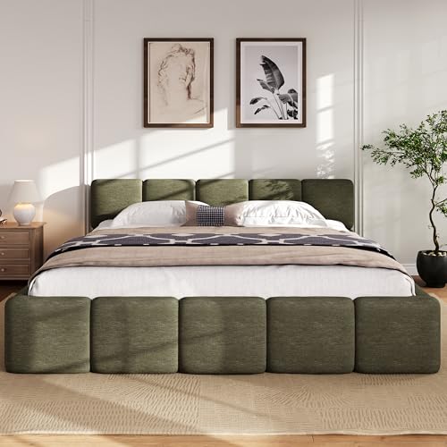 California King Boucle Platform Bed with Headboard & Footboard, Green | Linen Grounded Block Style Bed Frame, Sturdy Support for Adults & Kids - color: Green, size: California King