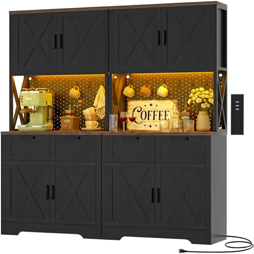 Unikito 71" Tall Kitchen Pantry Storage Cabinet with LED Light, Black | 63" Wide, Microwave Countertop, Power Charging Station, Large Hutch Cabinet with Drawers, Home Unit for Dining Room - color: Black, size: 63 Inch