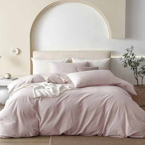 JIYUAN Queen Washed Cotton Duvet Cover Set, 3-Piece, Relaxed Linen Feel | Includes 2 Pillowcases, Hidden Zipper & 8 Corner Ties. Naturally Soft, Breathable & Lightweight. Machine Washable. - color: Heathered Greyish Pink (No Comforter), size: Queen(90"x90