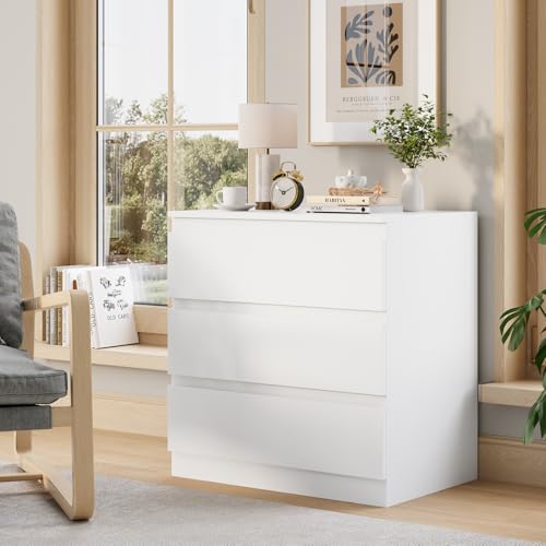 White 3 Drawer Dresser for Bedroom Clothes Storage | Small Space, High Gloss, Handle-Free, Modern, Wide Wooden Chest, for Living Room, Entryway, TV Stand, Night Stand - size: 15.6"D x 22.9"W x 26.2"H (3 Drawers)