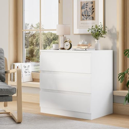 White 3 Drawer Dresser for Bedroom Clothes Storage | Small Space, High Gloss, Handle-Free, Modern, Wide Wooden Chest, for Living Room, Entryway, TV Stand, Night Stand - size: 15.6"D x 22.9"W x 26.2"H (3 Drawers)