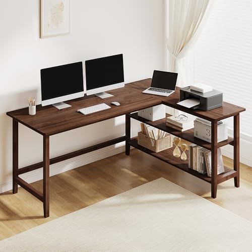 IOTXY 63" Reversible L-Shaped Office Desk with Storage Shelves, Walnut | Solid Rubberwood Legs, 0.6" MDF Desktop, Reversible 2-tier Shelves, Extra Large Corner Computer Table for Multiple Monitors - color: Walnut, size: 63-inch