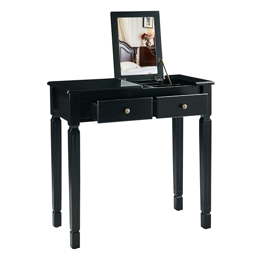 LEEMTORIG 31.5" Solid Wood Small Vanity Desk with Flip-top Mirror, Compact Wooden Writing Desk with Drawers, 3 in 1 Secretary Desk/Dressing Table/Nightstand for Small Space, Black SZT-D0036-BK - color: Black