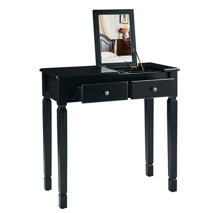 LEEMTORIG 31.5" Solid Wood Small Vanity Desk with Flip-top Mirror, Compact Wooden Writing Desk with Drawers, 3 in 1 Secretary Desk/Dressing Table/Nightstand for Small Space, Black SZT-D0036-BK - color: Black