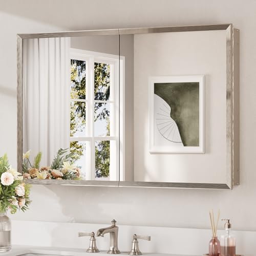 Keonjinn Brushed Nickel Large Medicine Cabinet with Mirror 36"x24", 2 Door | Assembly Needed, Stepless Adjustable Shelves, Aluminum Rust-Resistant, Surface Mount or Recessed Bathroom Mirror with Storage - color: Brushed Nickel, size: 36x24 In