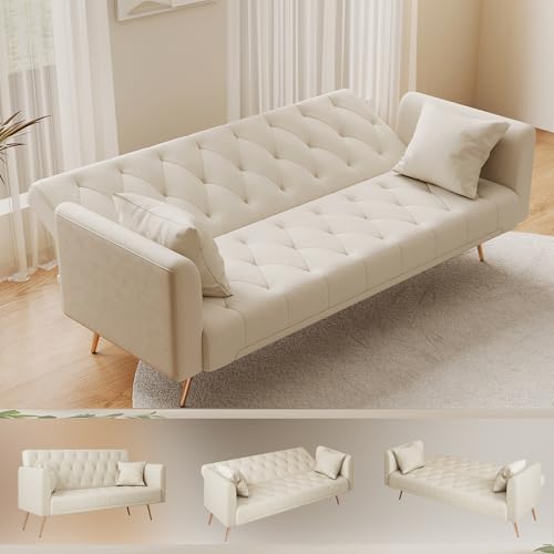 Anwick 72''Modern Velvet Sofa Bed Futon,Convertible Folding Sleeper Couches with 3 Adjustable Backrests,Tufted Recliner Loveseat with Golden Chrome Legs for Living Room Apartment Office (Beige-new) - color: Beige-new