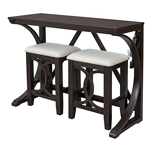 RuiSiSi 3 Piece Counter Height Dining Set, Farmhouse Kitchen Table Set with USB Port and 2 Upholstered Stools, Breakfast Nook Set for Kitchen, Dining Room, Living Room, Espresso - color: Espresso