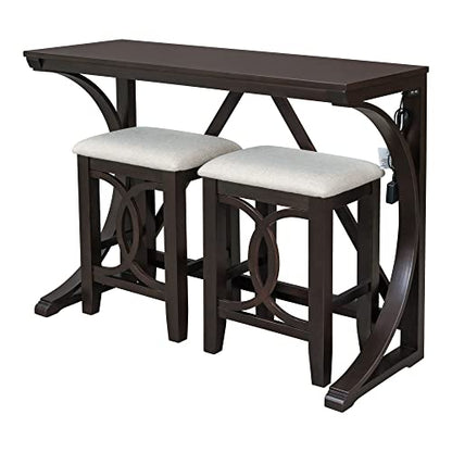 RuiSiSi 3 Piece Counter Height Dining Set, Farmhouse Kitchen Table Set with USB Port and 2 Upholstered Stools, Breakfast Nook Set for Kitchen, Dining Room, Living Room, Espresso - color: Espresso
