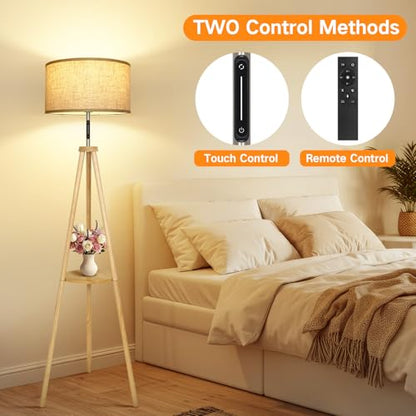 OUTON Wood Tripod Floor Lamp with Shelves, Mid Century LED Modern Dimmable Floor Lamp with Remote Control, Sturdy Tall Standing Lamp with Beige Lamp Shade for Living Room, Bedroom, Office - color: Wood & Touch Control