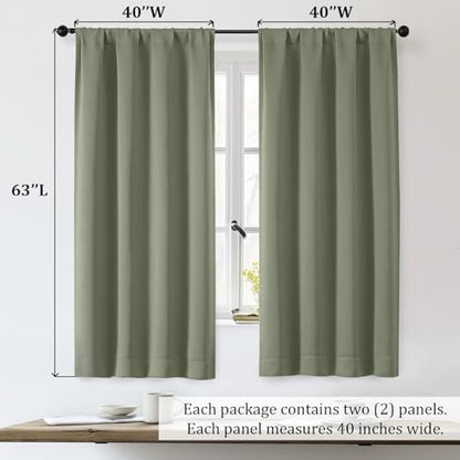Sally Sage Green Blackout Curtains for Bedroom 63 Inch Length 2 Panels Set, Solid Thermal Insulated Room Darkening Rod Pocket Privacy Window Treatment Curtains Drapes, W40 x L63 Inch - color: Sage Green, size: 40"W x 63"L (Pack of 2)