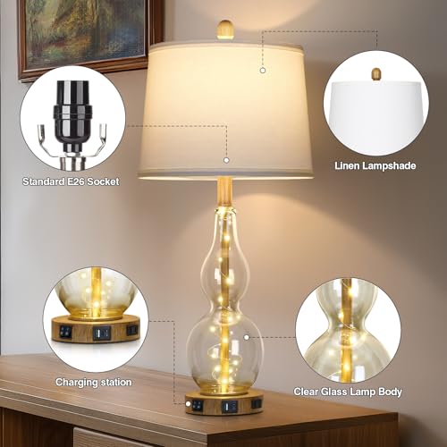 Rinweey 27.5" Clear Glass Table Lamp Set of 2 with Night Light,Bedside Lamps with USB Ports and AC Outlet, Modern Nightstand Lamps Retro Farmhouse lamp for Bedroom Living Room - color: Brown