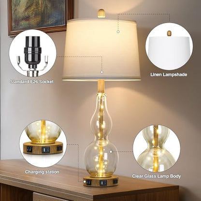 Rinweey 27.5" Clear Glass Table Lamp Set of 2 with Night Light,Bedside Lamps with USB Ports and AC Outlet, Modern Nightstand Lamps Retro Farmhouse lamp for Bedroom Living Room - color: Brown