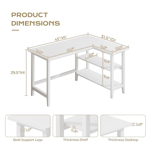 IOTXY 45" Reversible L-Shaped Office Desk with Storage Shelves, White | Solid Rubberwood Legs, 0.6" MDF Desktop, Reversible 2-tier Shelves, Compact Corner Computer Table for Small Spaces - color: White, size: 45-inch
