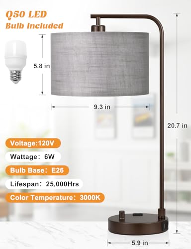 Innqoo Grey Tall Lamp for Bedroom with USB Port and Outlet, Dimmable Nightstand Bedside Lamps with Linen Lampshade, Desk Lamp for Home Office, Living Room, Guest Room, LED Bulb Included - color: H-Gray Shade & Brown Base