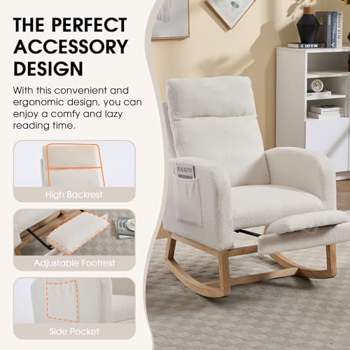 Rocking Chair Nursing, Rocker Chair with Footrest (White Modern) | Teddy Boucle Upholstered Accent Reading Chair with High Back & Side Pocket for Living Room Bedroom Nursery Office - color: White Modern