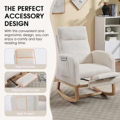 Rocking Chair Nursing, Rocker Chair with Footrest (White Modern) | Teddy Boucle Upholstered Accent Reading Chair with High Back & Side Pocket for Living Room Bedroom Nursery Office - color: White Modern
